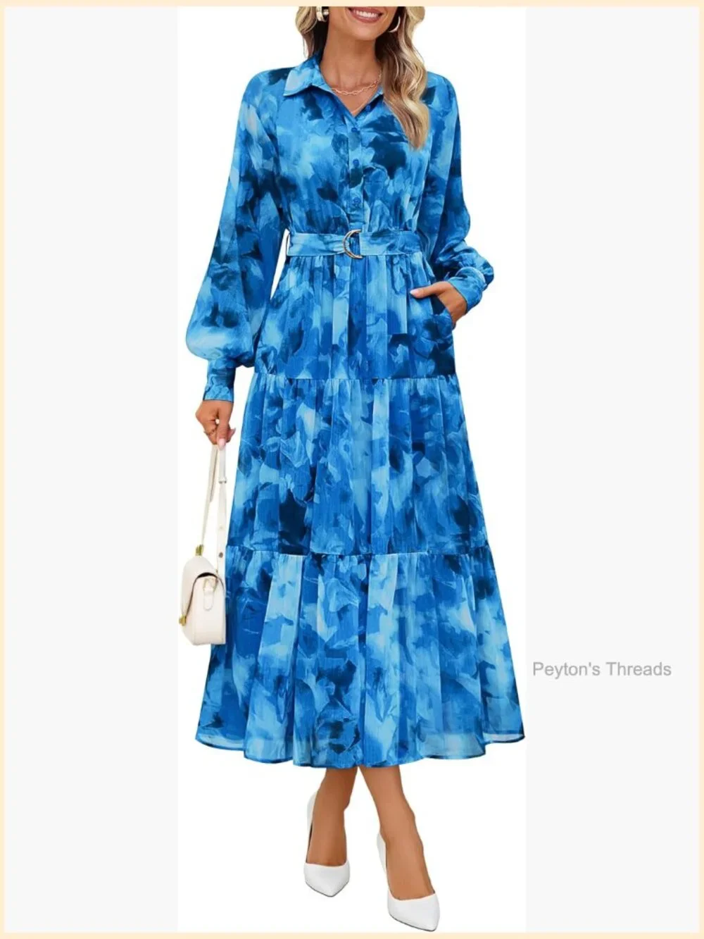 Floral Long Sleeve Maxi Dress with Belt - Picture 1 of 7